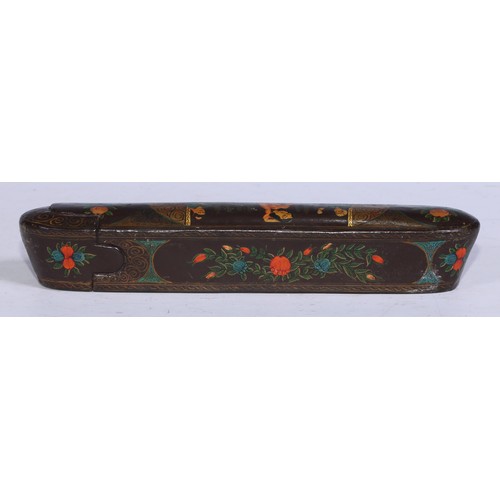 5190 - A Persian papier mache qalamdan pen case, painted in polychrome with a harem dancer and companions, ... 