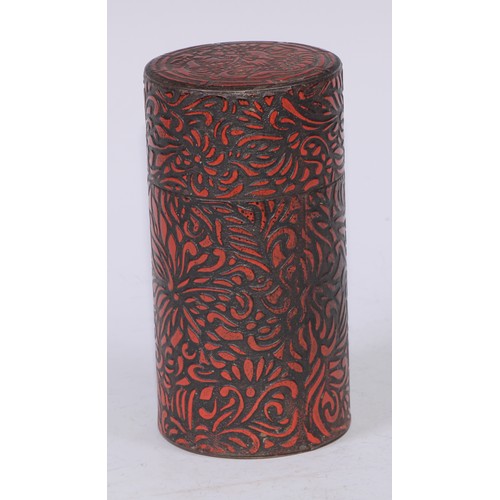 5282 - An unusual 19th century toleware  chinoiserie cylindrical tea caddy, in imitation of Chinese cinnaba... 