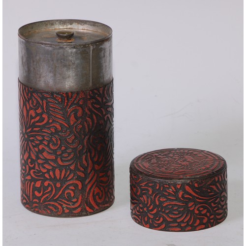 5282 - An unusual 19th century toleware  chinoiserie cylindrical tea caddy, in imitation of Chinese cinnaba... 