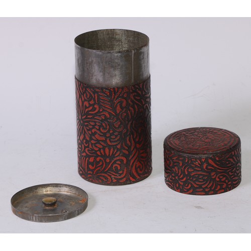 5282 - An unusual 19th century toleware  chinoiserie cylindrical tea caddy, in imitation of Chinese cinnaba... 