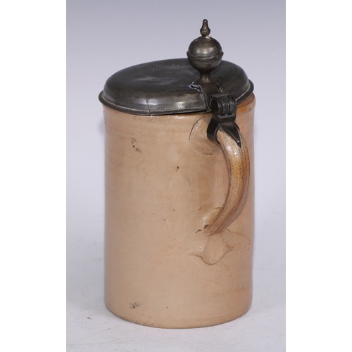 5238 - An 18th century pewter mounted English stoneware quart tankard, hinged cover with orb thumbpiece, 27... 