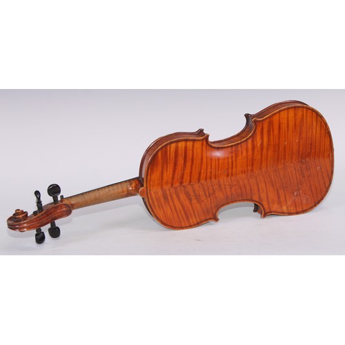 5224 - A violin, the two-piece back 36cm long excluding button, ebony tuning pegs, outlined throughout with... 