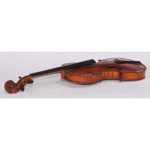 5224 - A violin, the two-piece back 36cm long excluding button, ebony tuning pegs, outlined throughout with... 