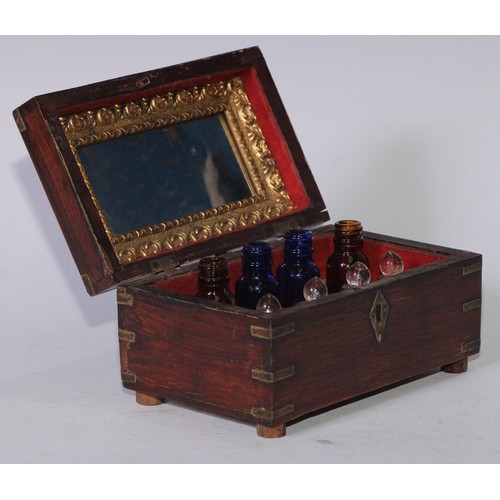 5270 - An Indian hardwood and brass marquetry apothecary medicine or cosmetics box, hinged cover with mirro... 