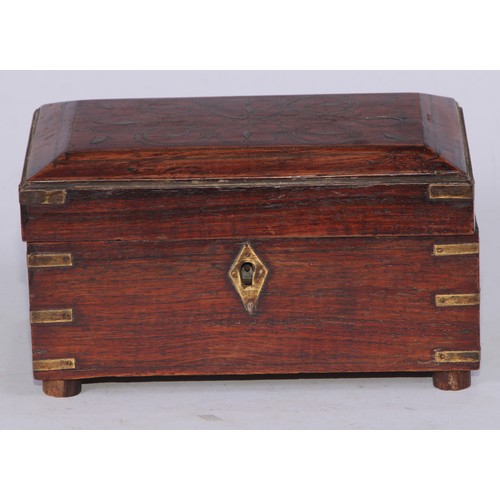 5270 - An Indian hardwood and brass marquetry apothecary medicine or cosmetics box, hinged cover with mirro... 