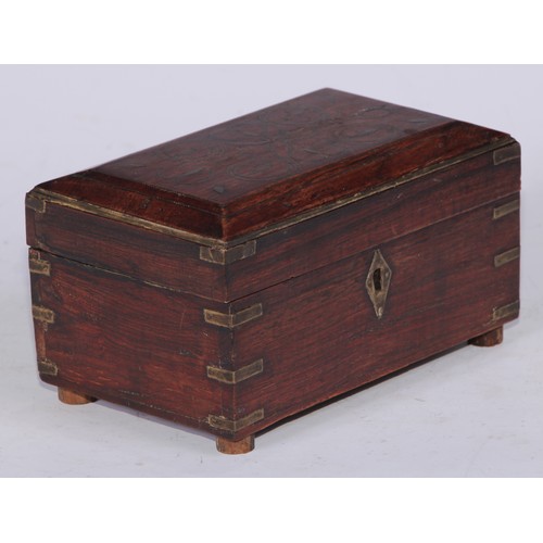 5270 - An Indian hardwood and brass marquetry apothecary medicine or cosmetics box, hinged cover with mirro... 