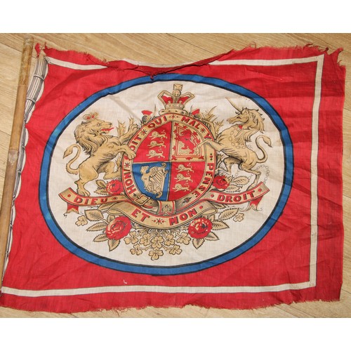 5127 - A large Victorian linen flag, God Save the Queen, 168cm x 112cm, the turned pine rail 189cm long, c.... 