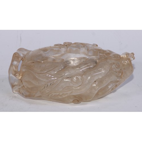 5080 - A Chinese rock crystal scholar's brush washer, carved with qilong, lingzhi and a bat, 15cm wide, 19t... 