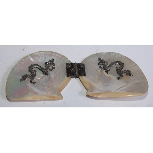 5082 - A Chinese silver coloured metal mounted mother of pearl butterfly-form table screen, applied with dr... 