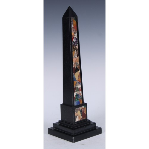 5192 - A pietra dura library obelisk, inlaid in the manner of Ashford marble with malachite, lapis lazuli, ... 