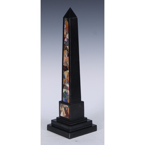 5192 - A pietra dura library obelisk, inlaid in the manner of Ashford marble with malachite, lapis lazuli, ... 