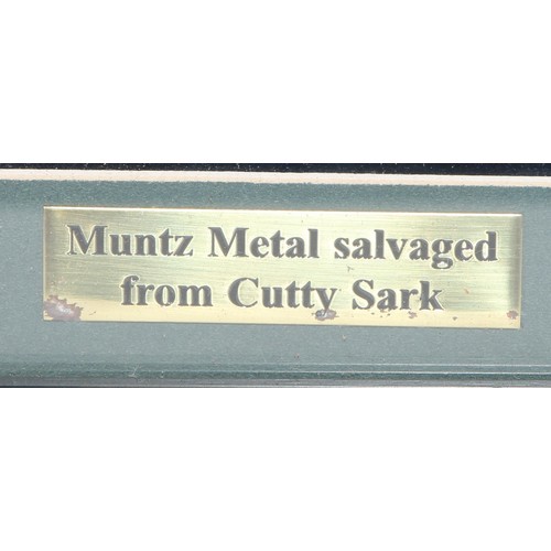 5355 - Maritime History - a section of muntz metal, salvaged from the Cutty Sark, framed, certificate from ... 