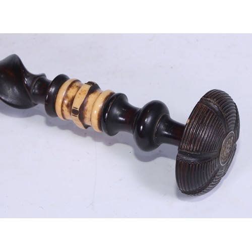 5281 - An unusual 19th century spirally turned walking stick, the engine turned pommel set with an Austrian... 