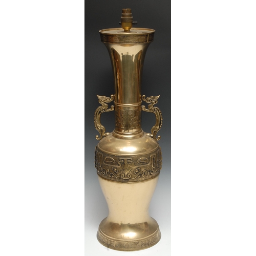 5123 - A large Chinese bronze vase, cast in the Archaic taste with taotie, dragon handles, fitted as a lamp... 