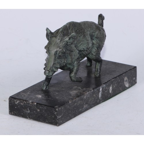 5213 - A verdigris patinated desk model, of a boar, rectangular marble base, 18cm long