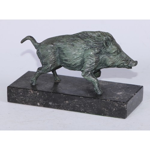 5213 - A verdigris patinated desk model, of a boar, rectangular marble base, 18cm long