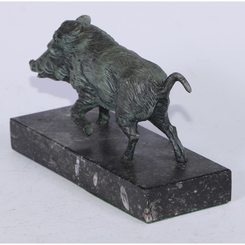 5213 - A verdigris patinated desk model, of a boar, rectangular marble base, 18cm long