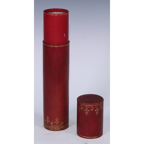 5264 - An early 20th century tooled and gilt crimson morocco leather scroll or document case, 33cm high