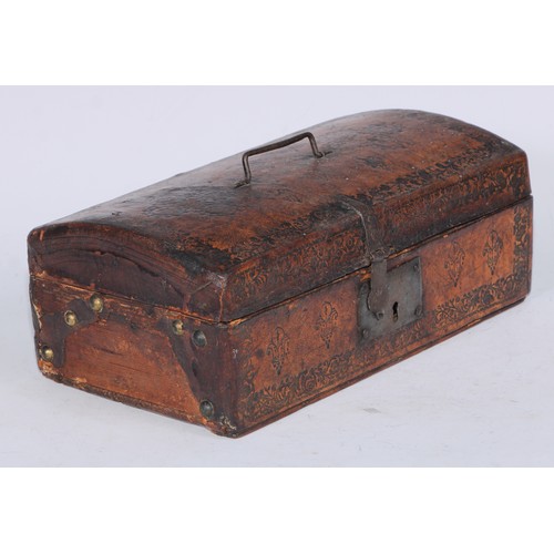 5239 - An 18th century tooled leather rectangular table top document box, hinged cover, steel handle, hasp ... 