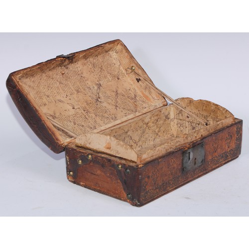 5239 - An 18th century tooled leather rectangular table top document box, hinged cover, steel handle, hasp ... 