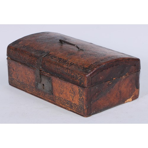 5239 - An 18th century tooled leather rectangular table top document box, hinged cover, steel handle, hasp ... 