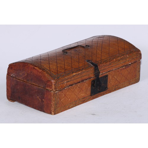 5251 - An early 19th century tooled leather table top document box, hinged cover, steel handle, hasp and lo... 