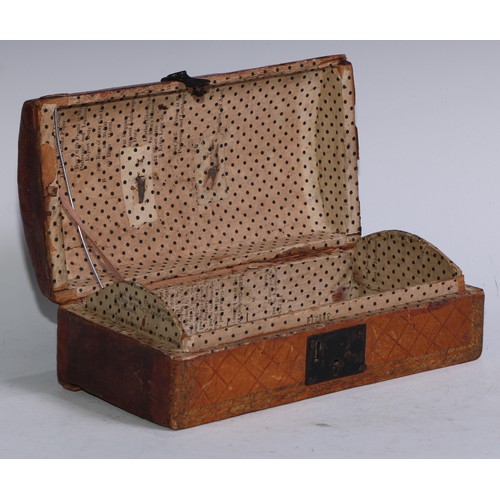 5251 - An early 19th century tooled leather table top document box, hinged cover, steel handle, hasp and lo... 