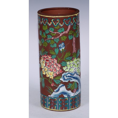 5208 - A tall Chinese Yixing cylindrical brush pot, decorated in raised enamels with phoenix, flowers and l... 