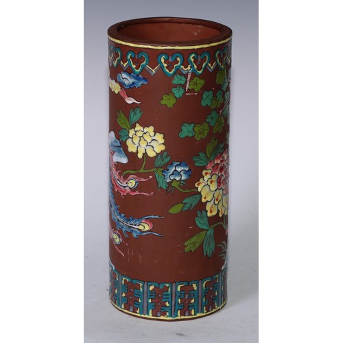 5208 - A tall Chinese Yixing cylindrical brush pot, decorated in raised enamels with phoenix, flowers and l... 