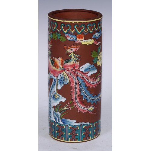 5208 - A tall Chinese Yixing cylindrical brush pot, decorated in raised enamels with phoenix, flowers and l... 