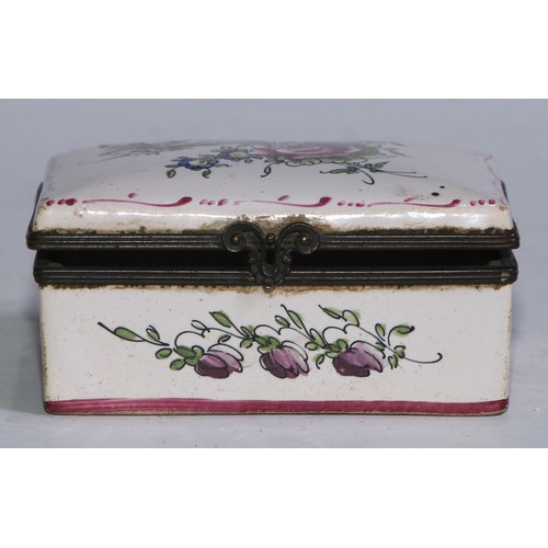 5101 - A French faience rectangular table snuff box, painted in polychrome with sprays of flowers, 9.5cm wi... 