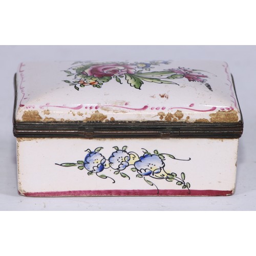 5101 - A French faience rectangular table snuff box, painted in polychrome with sprays of flowers, 9.5cm wi... 