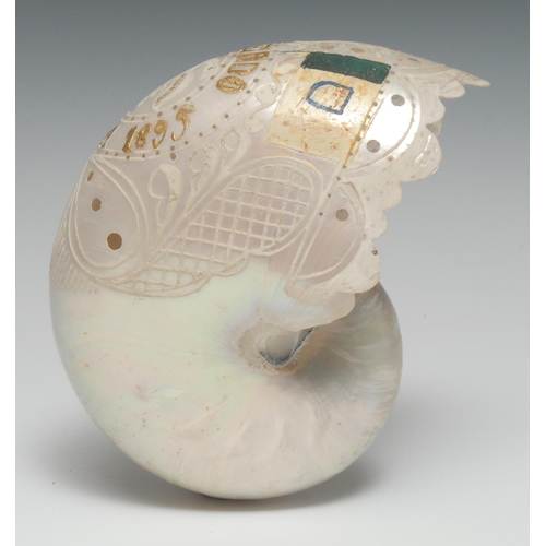 5354 - Maritime Folk Art - a 19th century sailor work pearl nautilus shell, pierced, painted and inscribed ... 