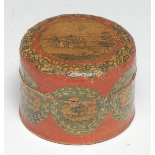 5205 - A small glass amphora, 6cm long; 19th century card and decoupage box, 7.5cm diam