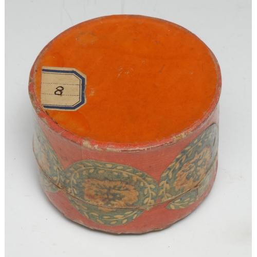 5205 - A small glass amphora, 6cm long; 19th century card and decoupage box, 7.5cm diam