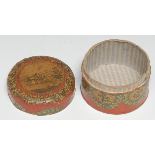 5205 - A small glass amphora, 6cm long; 19th century card and decoupage box, 7.5cm diam