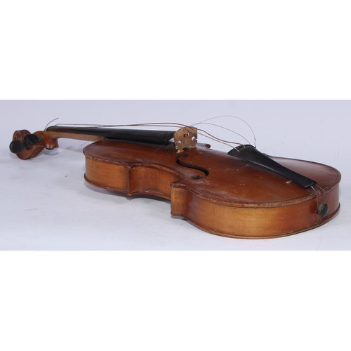 5223 - A violin, the two-piece back 35.75cm long excluding button, ebonised tuning pegs, outlined throughou... 