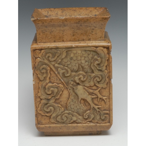 5084 - A Chinese soapstone rectangular vase, carved in relief with goldfish and lotus and inscribed with ve... 