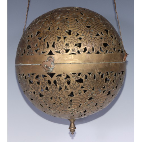 5119 - A large 19th century Indian/Middle Eastern rolling lamp or incense ball, pierced and engraved with b... 