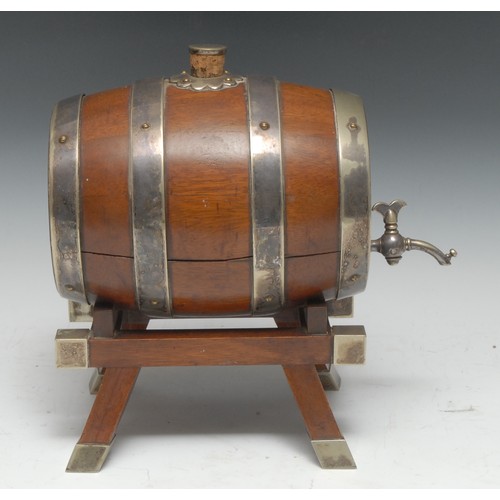 5256 - An early 20th century E.P.N.S mounted coopered mahogany spirit barrel, 26cm long, c.1910