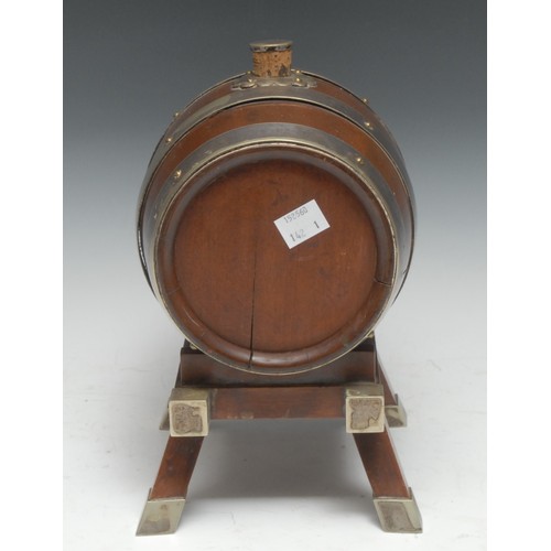 5256 - An early 20th century E.P.N.S mounted coopered mahogany spirit barrel, 26cm long, c.1910