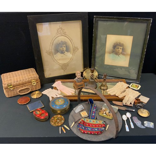 247 - A Reuge  clock work bust, Mozart, 14cm high;  a hand bell;  pocket knives,;  compacts;  Disneys Mick... 