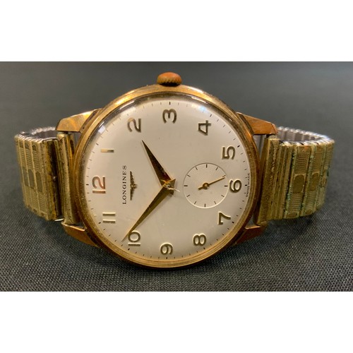 361 - A 1960s Longines 9ct gold cased wristwatch, cream dial, Arabic numerals, subsidiary seconds, manual ... 