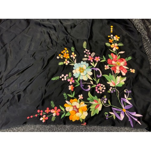 299 - A late Victorian hand embroidered shawl, vibrant flowers, fringe boarder, approx 130cm wide,  a brow... 