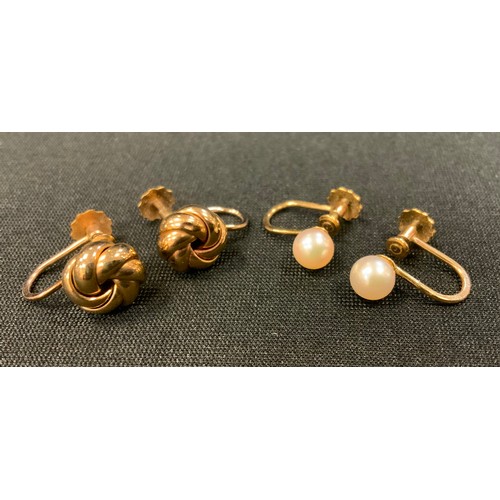 399 - A pair of 9ct gold earrings,  another pair cultured pearl tipped, both marked 9ct/375, 3.4g gross