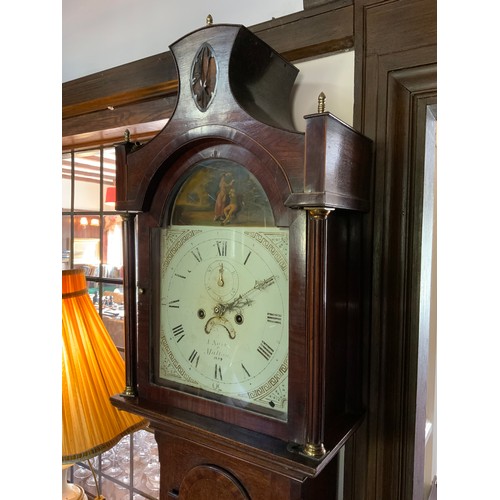 4 - A 19th century oak longcase clock, mahogany crrossbanded the arched dial painted with country couple... 