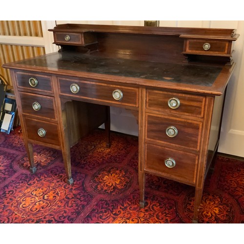 2 - An Edwardian mahogany and satinwood strung writing desk, by Waring, the superstructure fitted with t... 