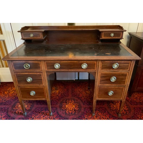 2 - An Edwardian mahogany and satinwood strung writing desk, by Waring, the superstructure fitted with t... 