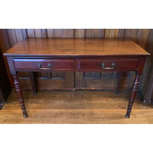 6 - A late Victorian rectangular side table, two drawers to frieze, turned legs, angular handles, 76cm h... 