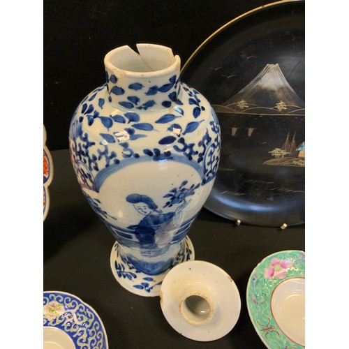 24 - A Chinese baluster vase and cover, Kangxi marks, but later;  Japanese Imari plate;  etc